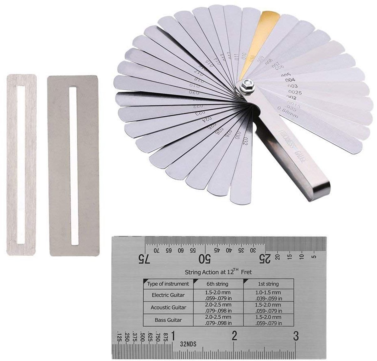 SPHProducts - Gitaarreparatiegereedschap - Snaarmeter en Voelermaten - Complete Set voor Gitaaronderhoud - Inclusief Fretbeschermer - Geschikt voor al