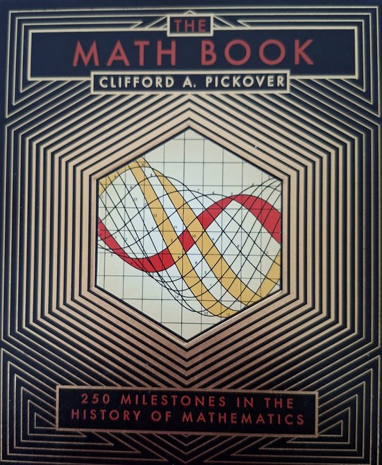 De zwarte kaft van "The Math Book" met gouden art deco lijnen, een grafiek met een golvende rode en gele lijn, en tekst.