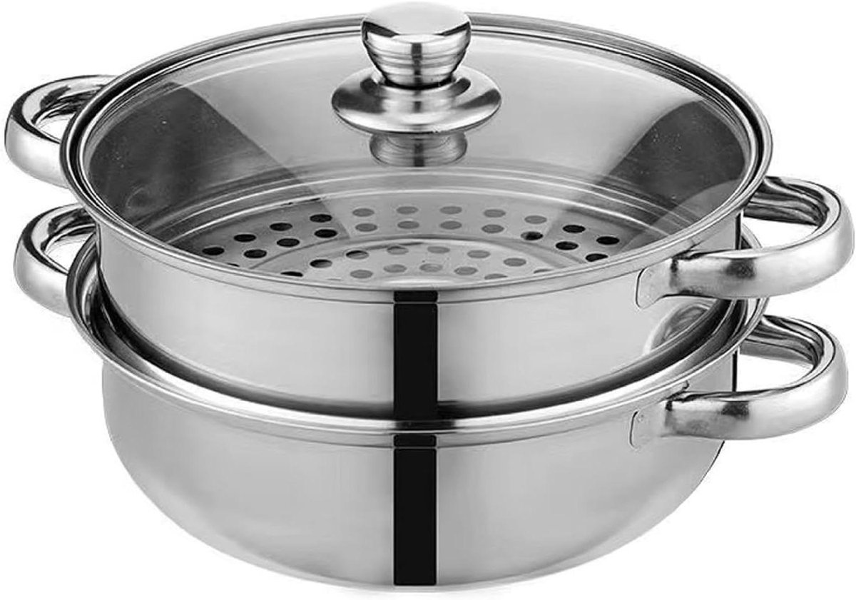Stoompan 2-laags - Stoommand - Gezond Koken - Roestvrij Staal - 27 cm - Zilver