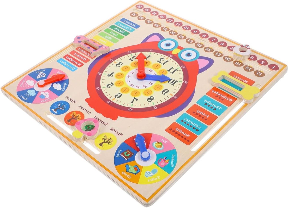 Houten Klok Speelgoed - Educatieve Kalender - Tijd Leren - Vrolijke Uil Vorm - 30x30x2 CM - Multicolor