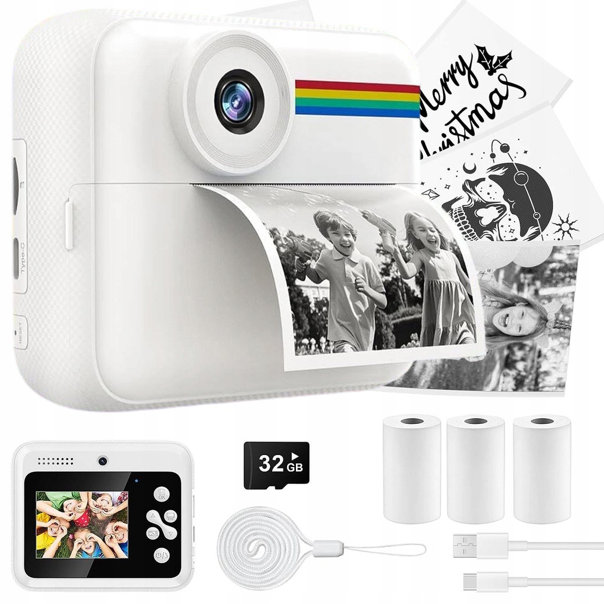 Kindercamera - Digitale Camera Kinderen - Direct Print Camera - 48MP & 1080P - Schokbestendig & Veilig - 1200mAh Accu 6U - 32GB & Papier Inclusief - Voor Kinderen & Buiten