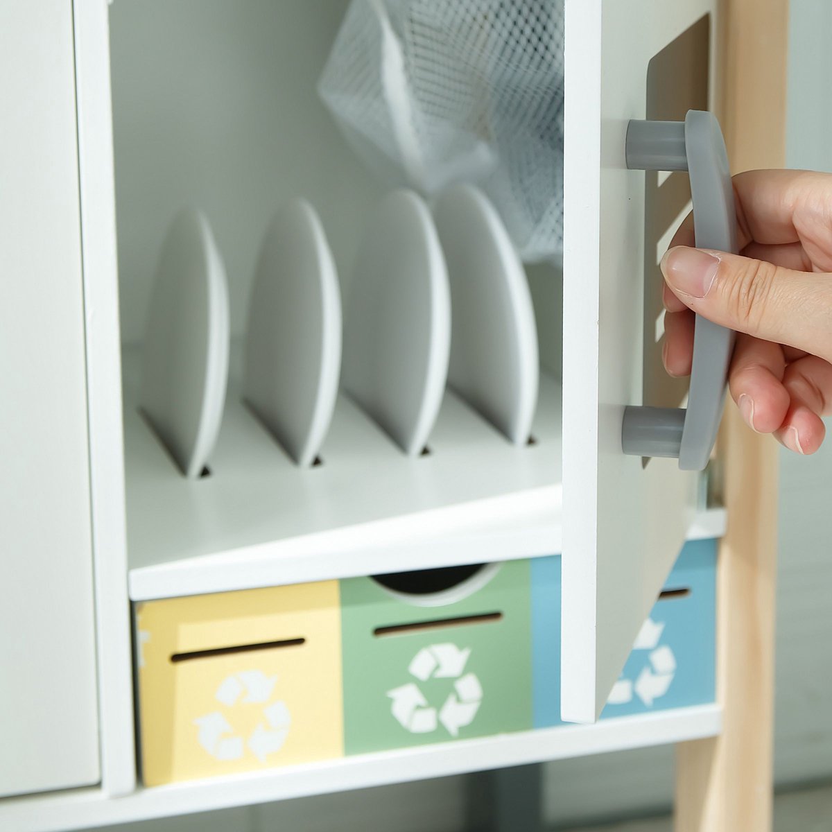 Mamabrum Houten Speelkeuken met Wasmachine, Vaatwasser en Schoolbord – Interactieve Kinderkeuken met Licht & Geluid – Verstelbare Hoogte – Inclusief Accessoires — afbeelding 13