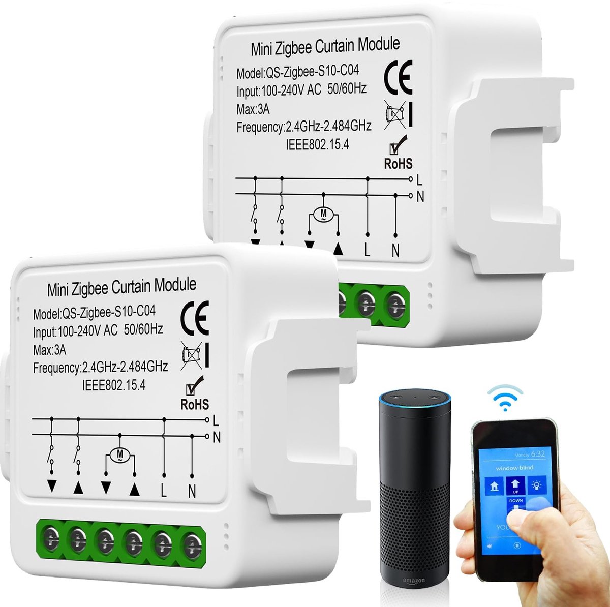 ONF3 - Slimme rolluikschakelaar - Smart rolluikbediening - Spraakbesturing met Alexa en Google Home - 2 stuks - Timerfunctie - Eenvoudige instal...