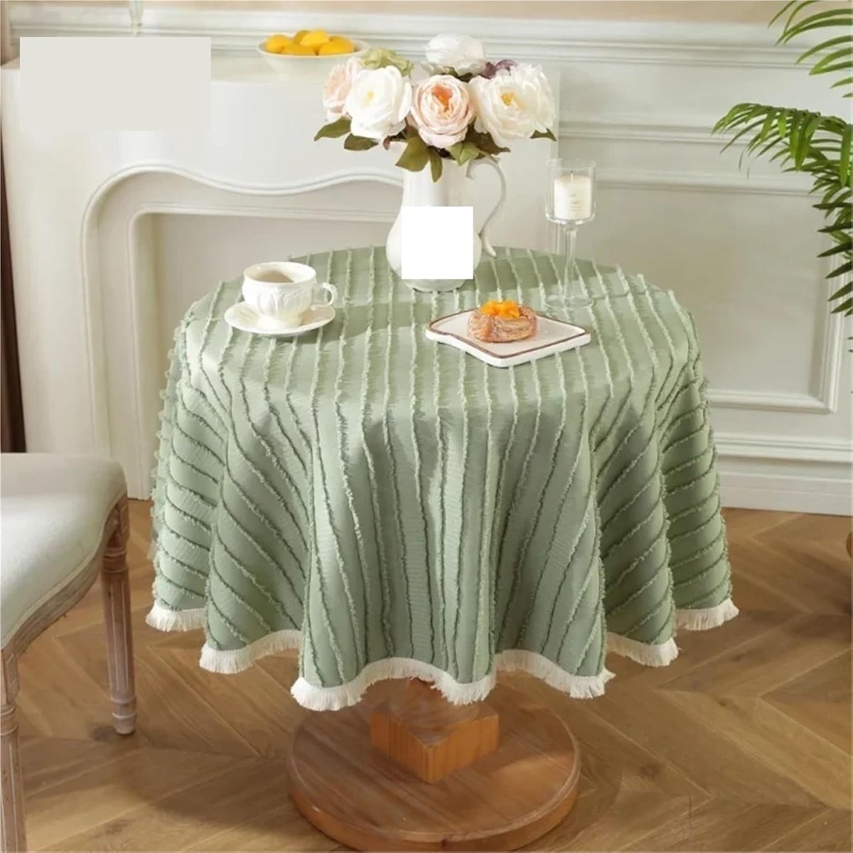 Rond tafelkleed - Bloemendecoratie - Buiten dineren - Met kwastjes - Diameter 100cm - Wit