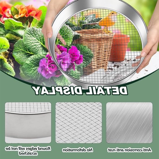 5 In 1 Tuinzeef Ø20cm - Grondzeef, Compostzeef, Zandzeef - Zeef met Verwisselbare Netten - Inclusief 5 Roosters (3,6,9,10,12 mm) en 1x Tuinschepje - Tuinzeef RVS - Multifunctionele Zeef voor Zand, Steentjes en Aarde - Handmatige Bodemzeef - Rond van Merkloos	 — afbeelding 4