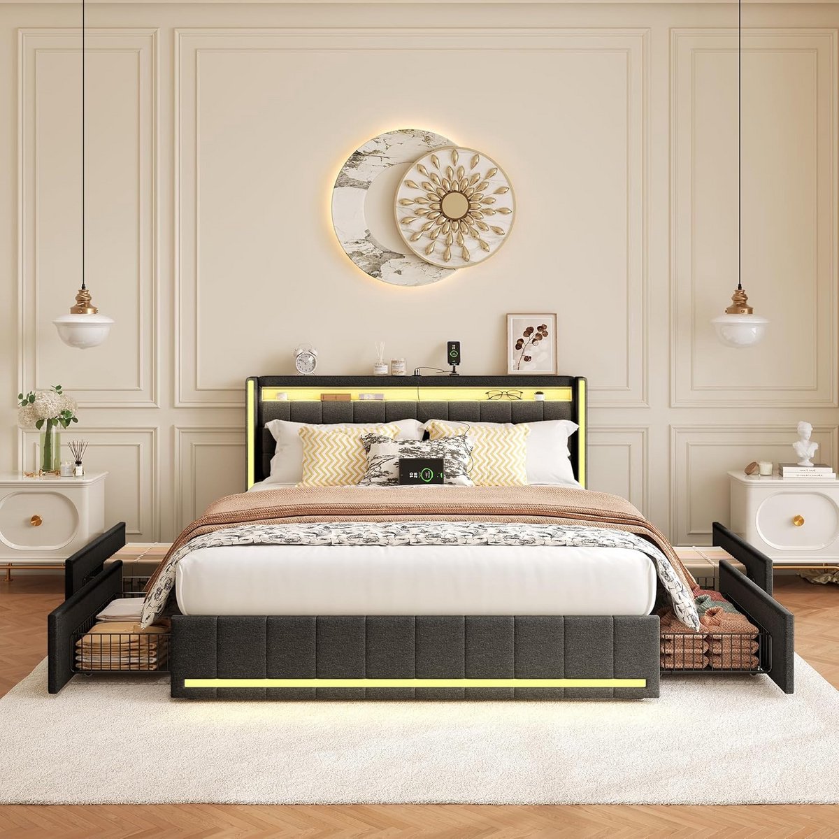 Gestoffeerd Tweepersoonsbed 160x200 cm met USB, LED-Hoofdeinde en 4 Opberglades