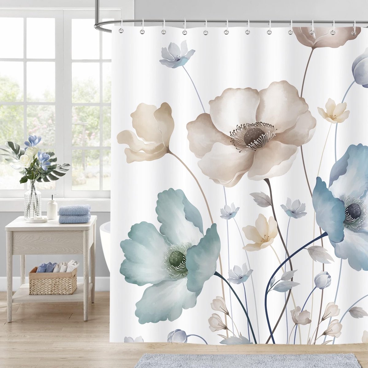 aladdien - Douchegordijn - Waterdicht en Schimmelbestendig - 180x180cm - Bloemmotief - Perfect voor Badkamer - Inclusief Haken