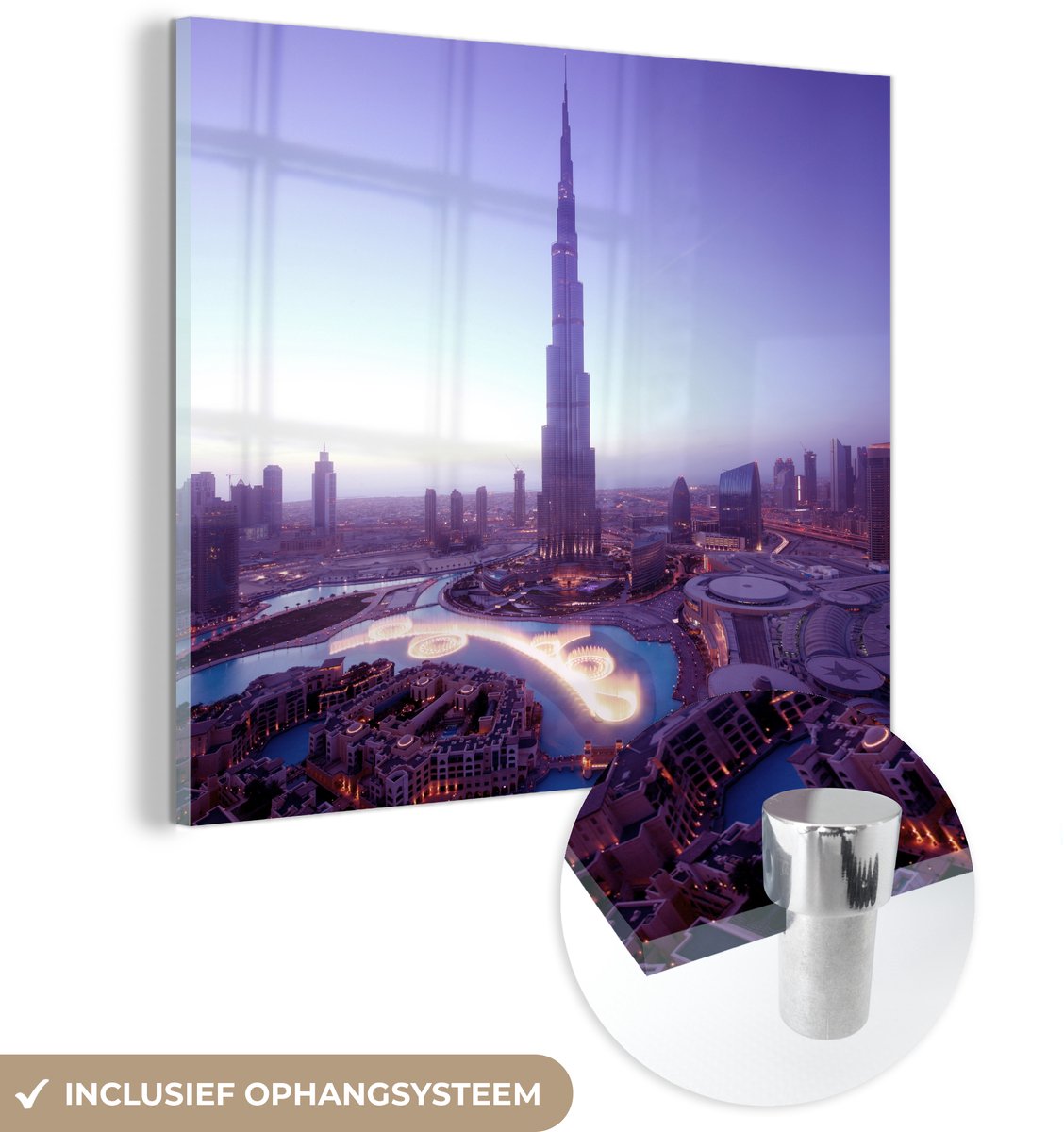® Glasschilderij 90x90 cm - Schilderij acrylglas - Dubai fontein en het hoogste gebouw ter