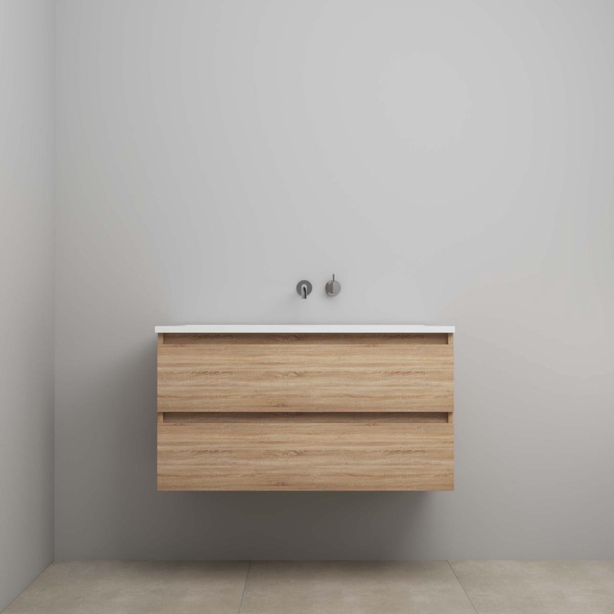 On-Line Onderkast - 100 cm - Voorgemonteerd - Acryl Wastafel - zonder Kraangat - Eiken