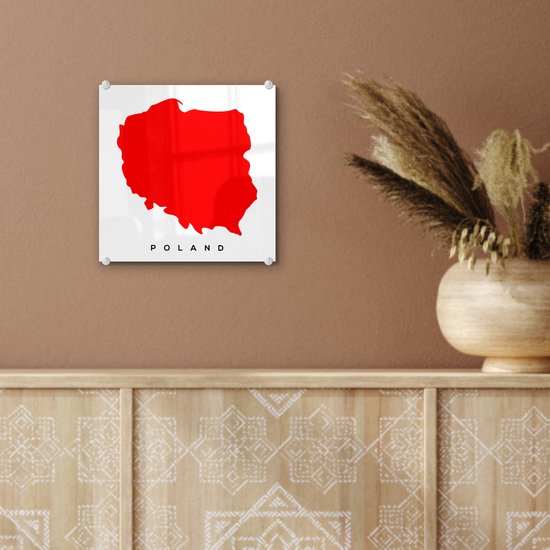 ® Glasschilderij 20x20 cm - Schilderij acrylglas - Illustratie van Polen in het rood - Foto op glas - Muurdecoratie woonkamer - Wanddecoratie slaapkamer - Schilderijen