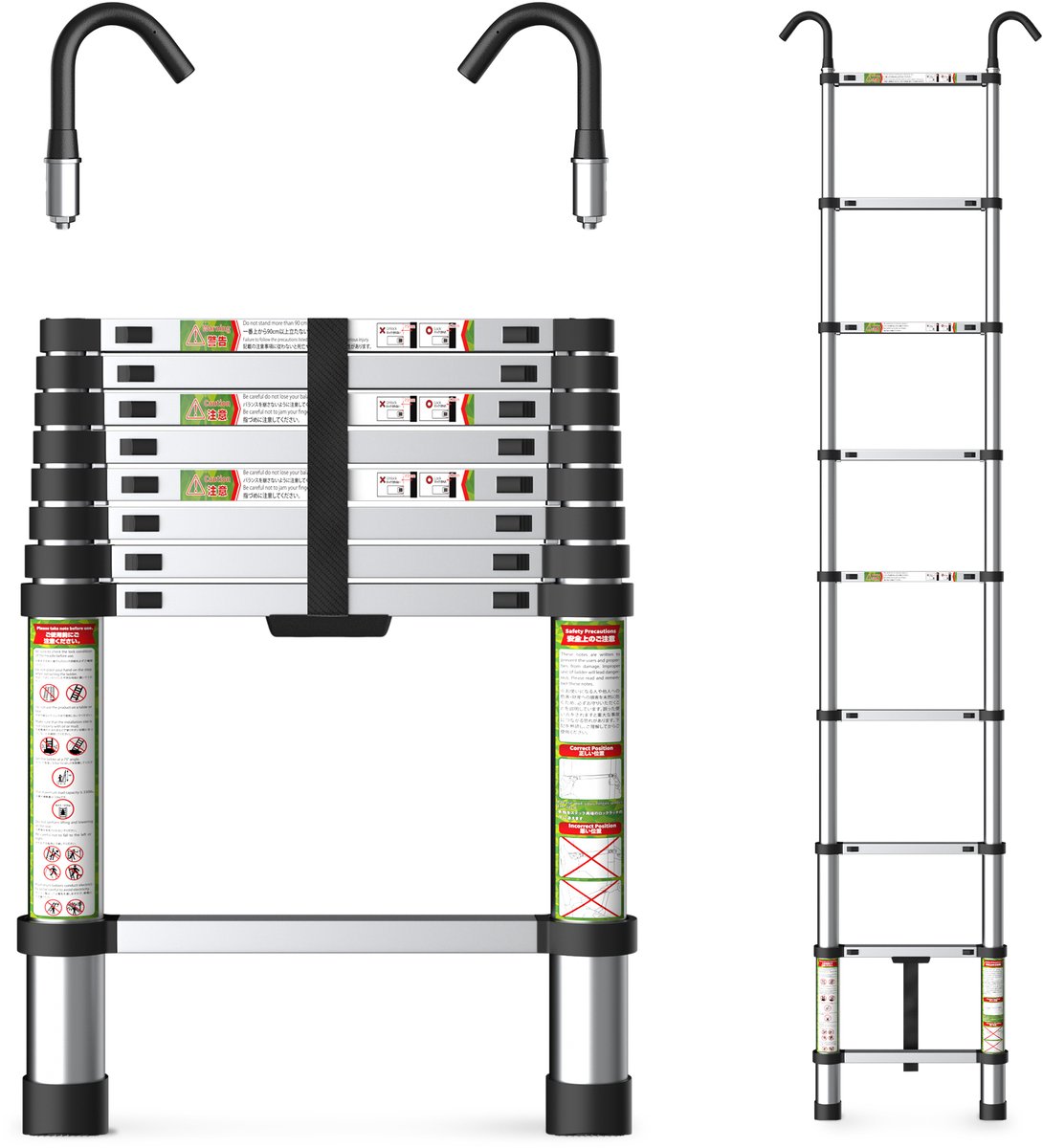 FelixKing aluminium telescopische ladder met stabiele haak, inklapbare ladder van 2,6 tot 5 meter met antislipvoetjes, lichtgewicht draagbare uitschuifladder voor huishoudelijk en buitengebruik, draagvermogen van 136 kg voor thuis, zolder en vliering