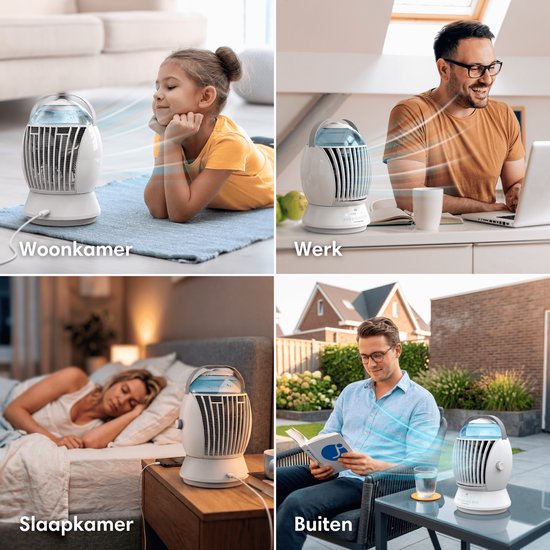 Collage toont de mini airco in verschillende omgevingen: woonkamer, werkplek, slaapkamer en buiten.