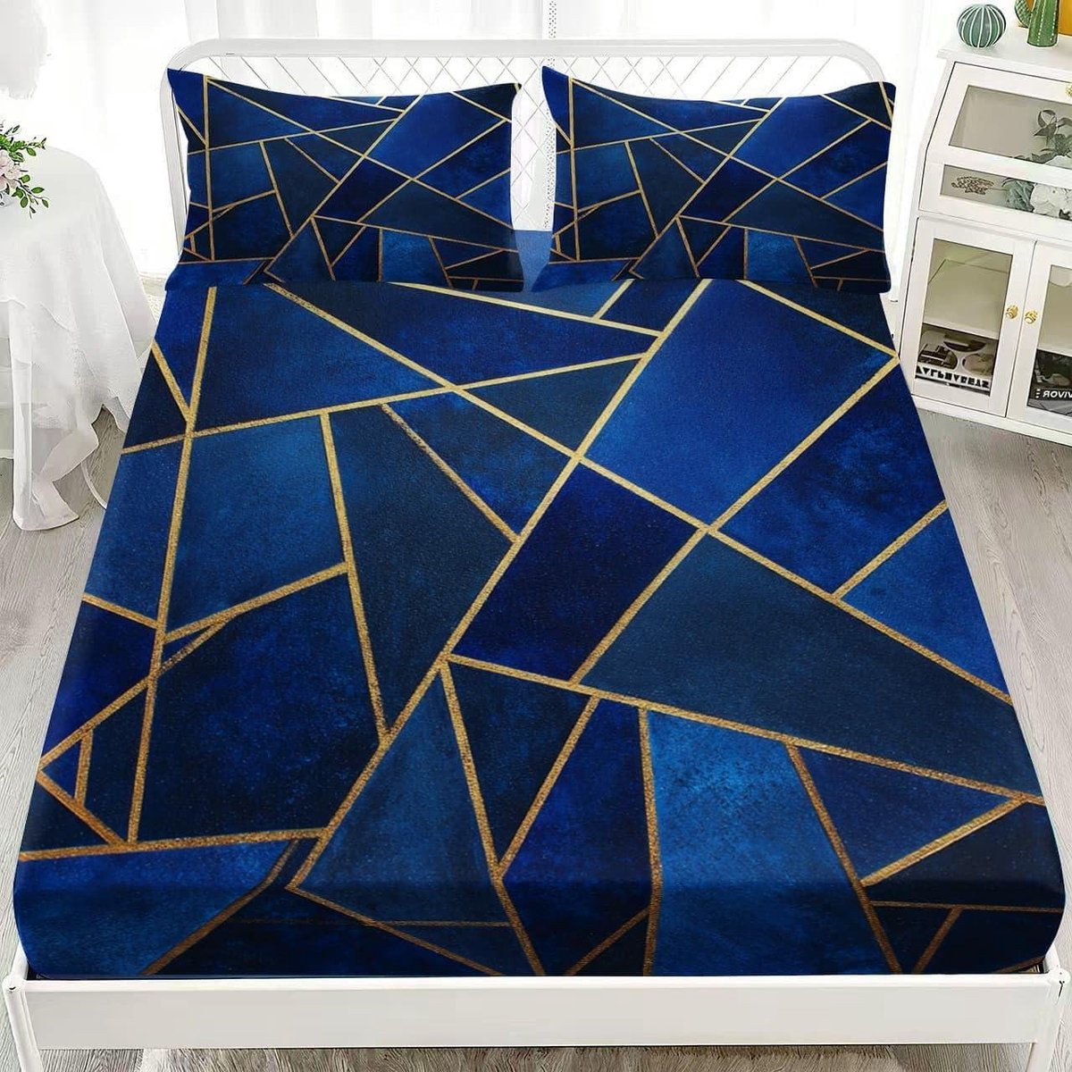 Fitted Sheet 80x160 cm, Fitted Sheet 30cm, Soft Durable Wrinkle Free Blue Microfiber Fitted Sheet Single Bed Mattress Protection Sheet Mosaic Geometric Abstract Children