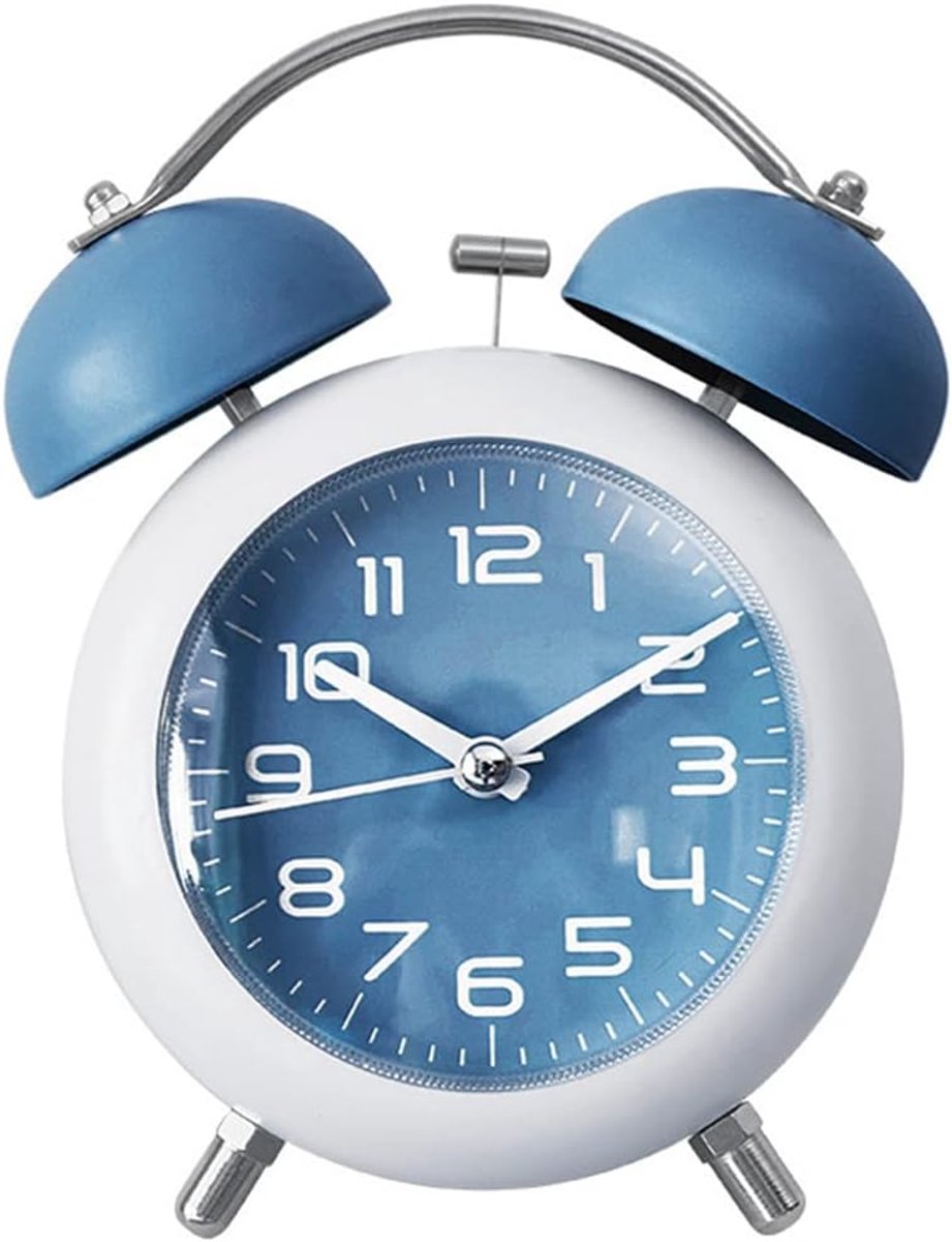 Oneay Wekker, metalen analoge bureauklok van 10 cm met nachtlampje, stil, voor studentenkamer, thuis, kantoor en op reis (blauw)