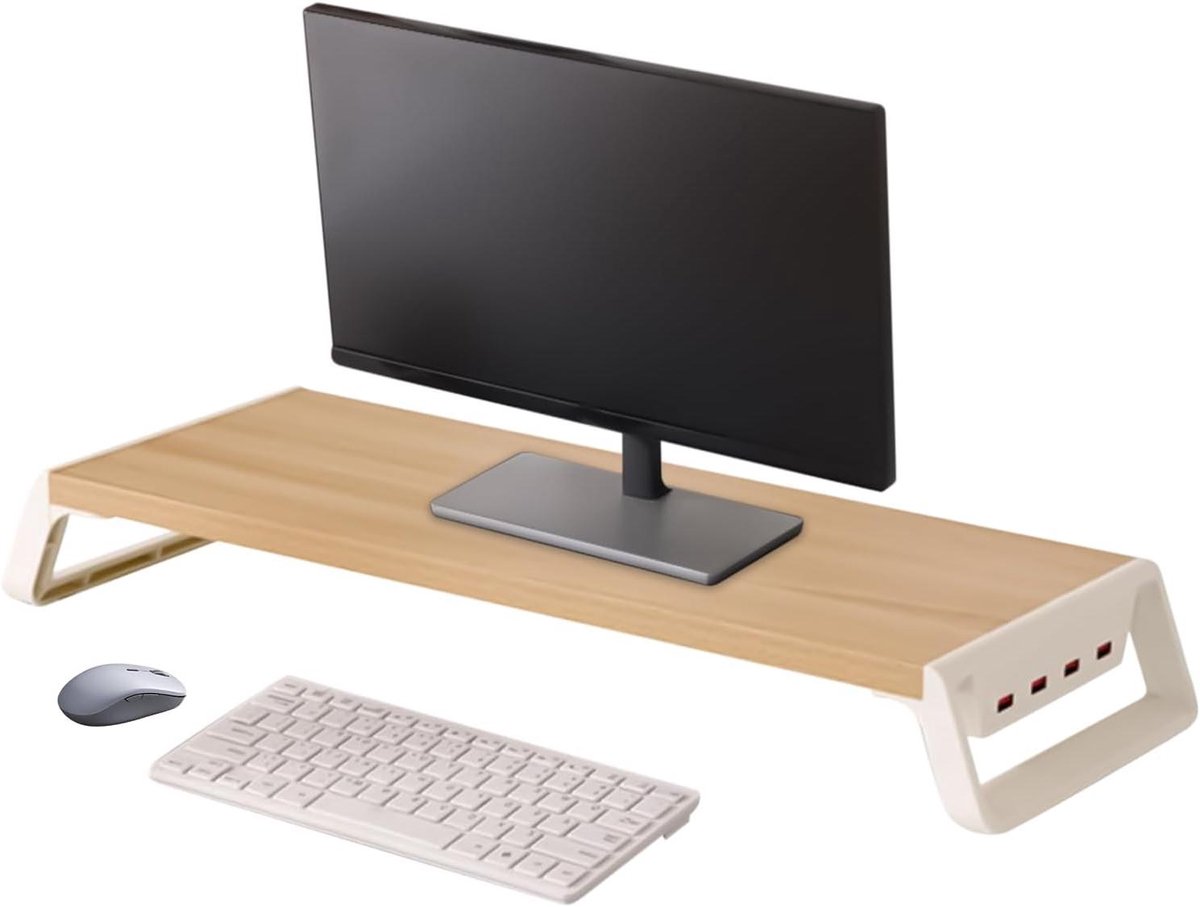 Monitor Verhoger - Bureau Organizer - Bureau Organiseren - 4 USB Poorten - 50 cm - Houtkleur