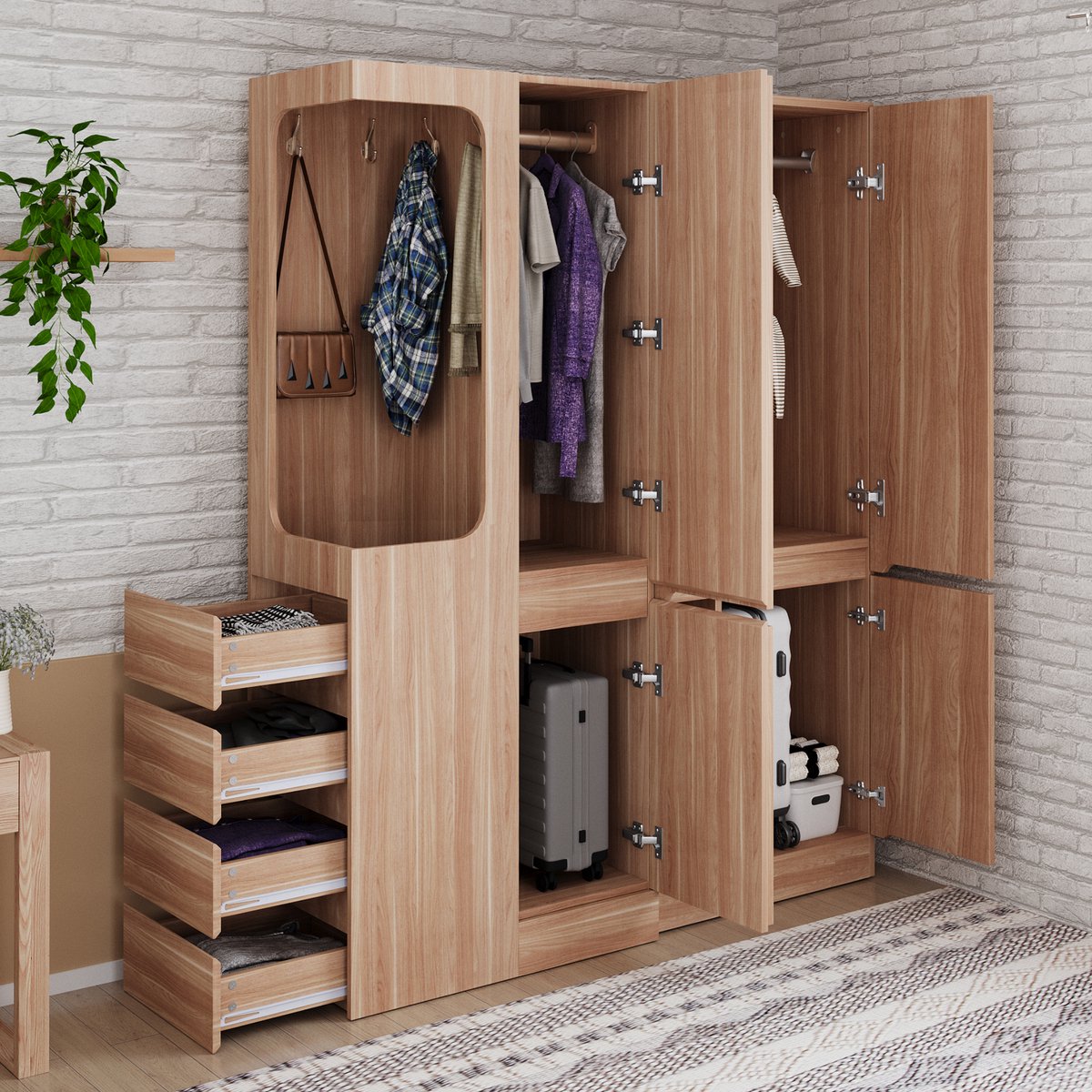 MODFU Kledingkast - Met Lades En Opbergvakken - Minimalistisch - Voor Slaapkamer - Hout En MDF - Natuurlijke Houtkleur - 140 X 40 X 170 Cm Natuurlijk hout (Model 1)