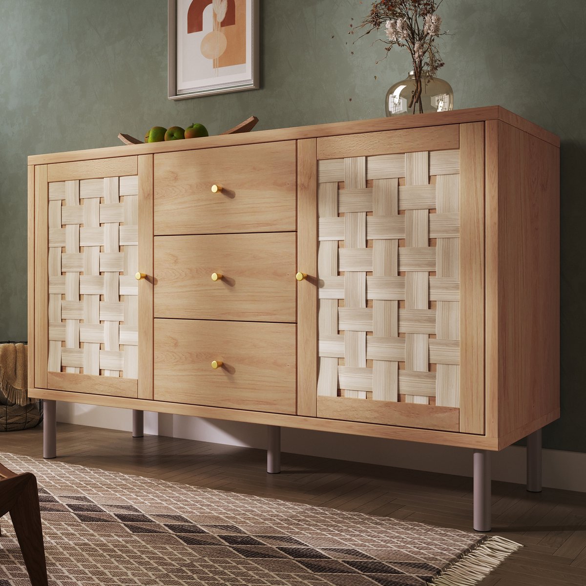 MODFU Dressoir - 2 Deuren En 3 Laden - Landelijke Stijl - Voor Woonkamer Of Hal - MDF En Metaal - Eikenkleur - 120 X 40 X 75 Cm