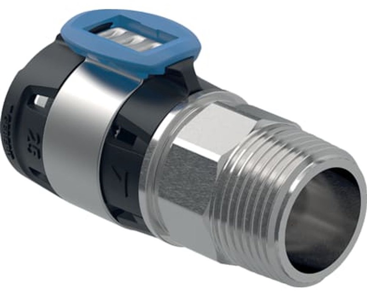 Geberit FlowFit overgang met buitendraad, roestvrij staal, DN 15, 619.700.00.1