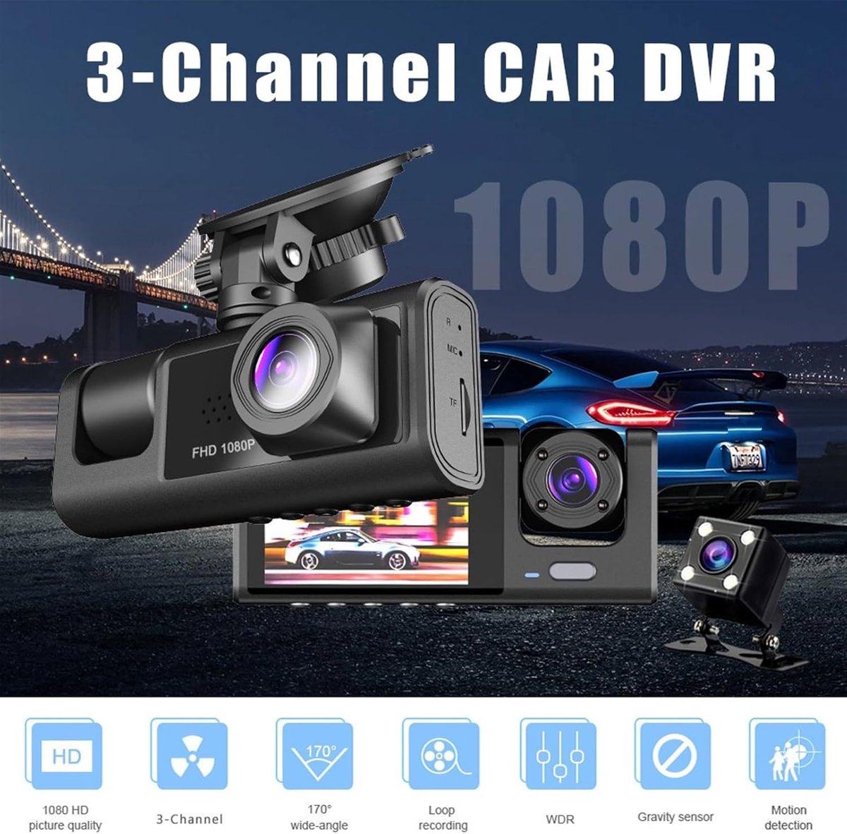 Dashcam 3 Cameralens Auto DVR 3-kanaals Dash Cam HD 1080P Dashcamera Dual Lens Dashcam Videorecorder Black Box 24H Parkeerbewaking Dash Camera (Kleur : B, Size : None) – foto 6
