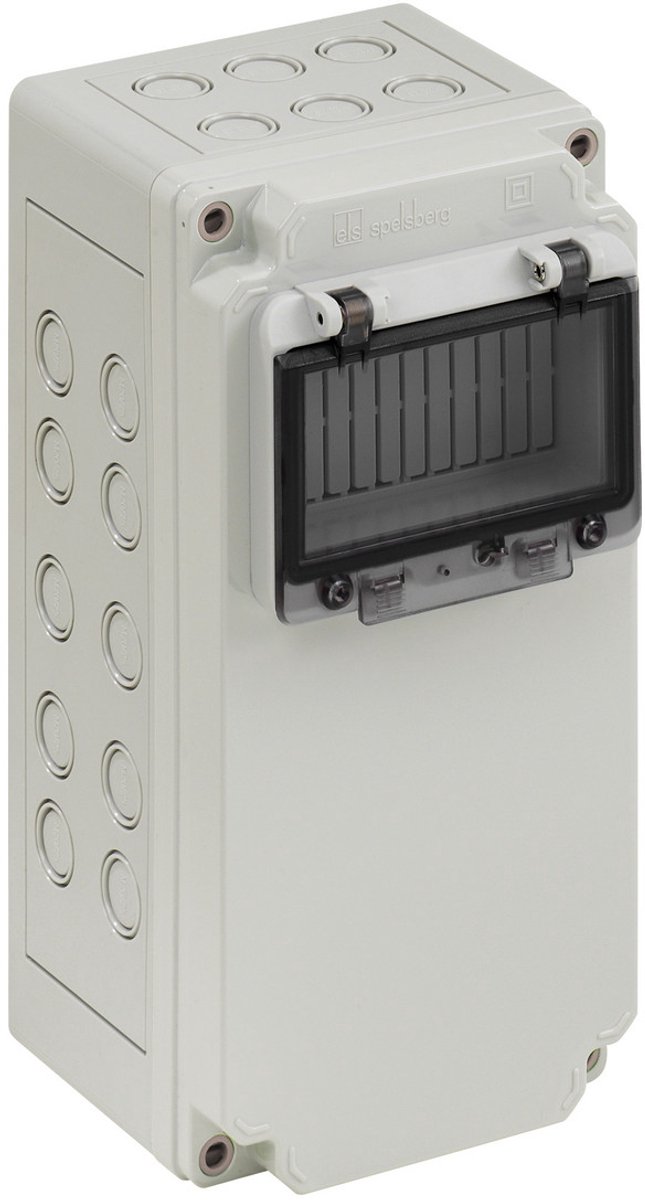 Spelsberg Automatenbehuizing, beschermingsgraad IP65, 6 verdeeleenheden, slagvastheid IK07, beschermingsklasse II, nominale spanning 400V AC, halogeenvrij, 59106101