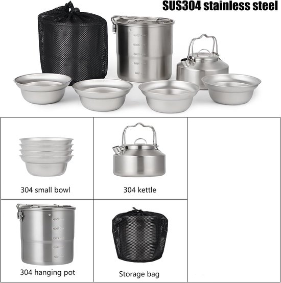 Outdoor Camping Servies Set - 13 Stks/Set Outdoor Kookset met Pot, Waterkoker, Kommen & Opbergtas, Roestvrij Staal Kookgerei, Draagbaar Fornuis, Genest Ontwerp, voor Backpacken, Wandelen, Trekking — afbeelding 2