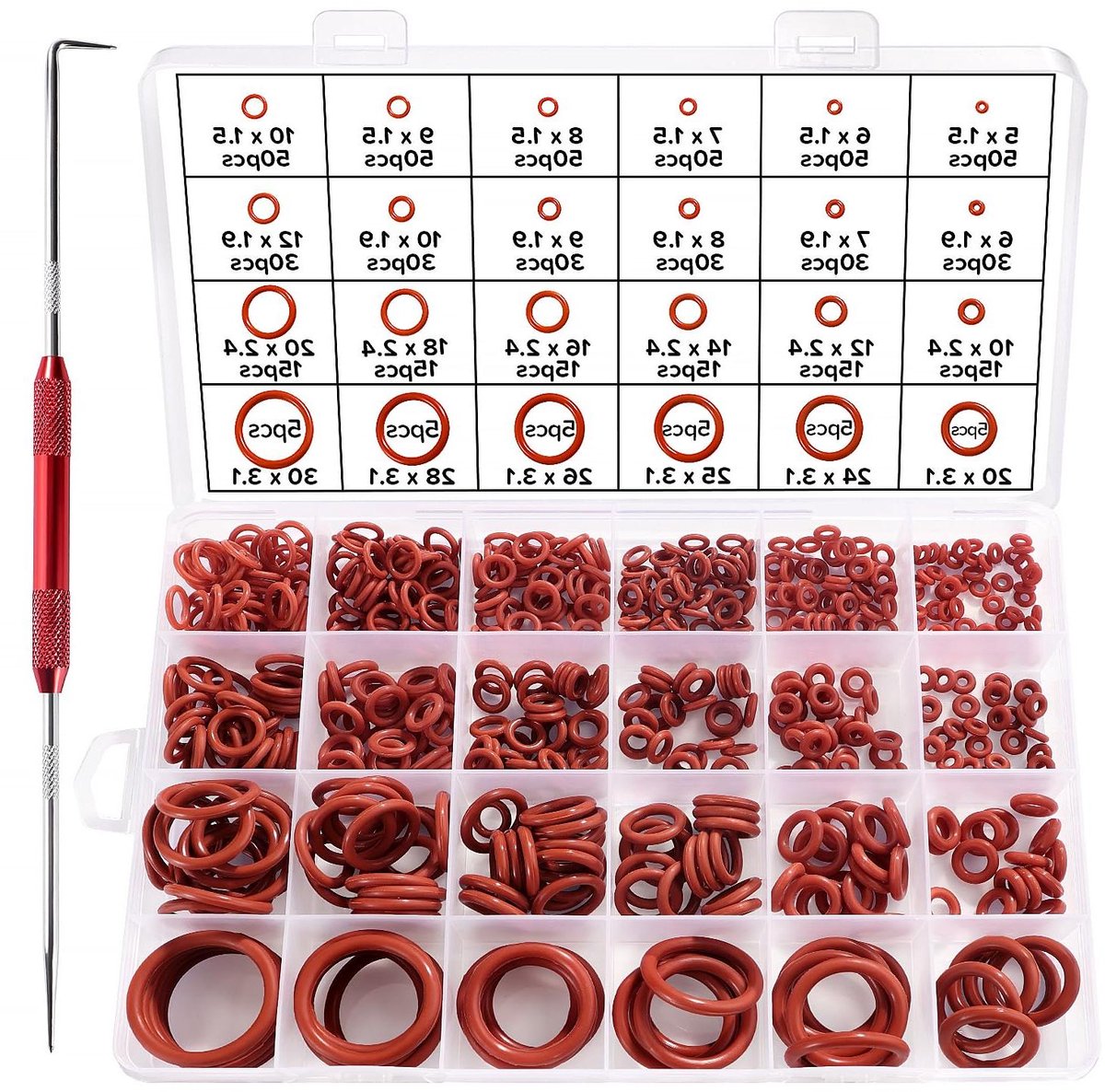 O-Ring Set - Afdichtringen Assortiment - Loodgieterswerk Reparatie - 600 Delen Inclusief Gereedschap - 24 Maten - Rood