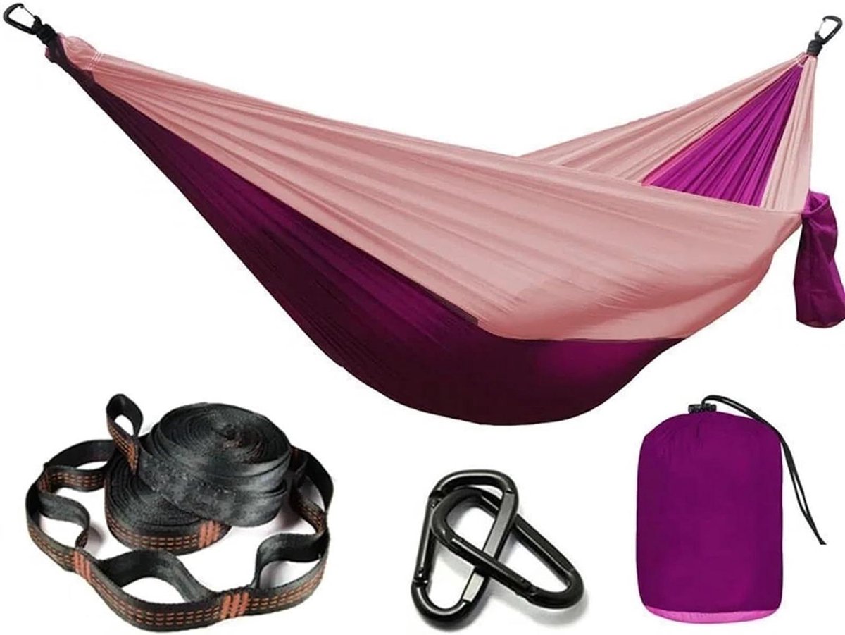 Hangmat Set - Dubbele Hangmat - Ontspannen Buiten - Sterke Nylon Stof - Tot 250 kg - Paars Roze