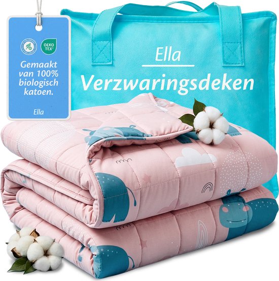 Ella Verzwaringsdeken Kind 2,4kg - OEKO-TEX Katoen Zwaartedeken 90 x 120cm - Weighted Blanket - Verzwaarde Deken Roze Nijlpaard