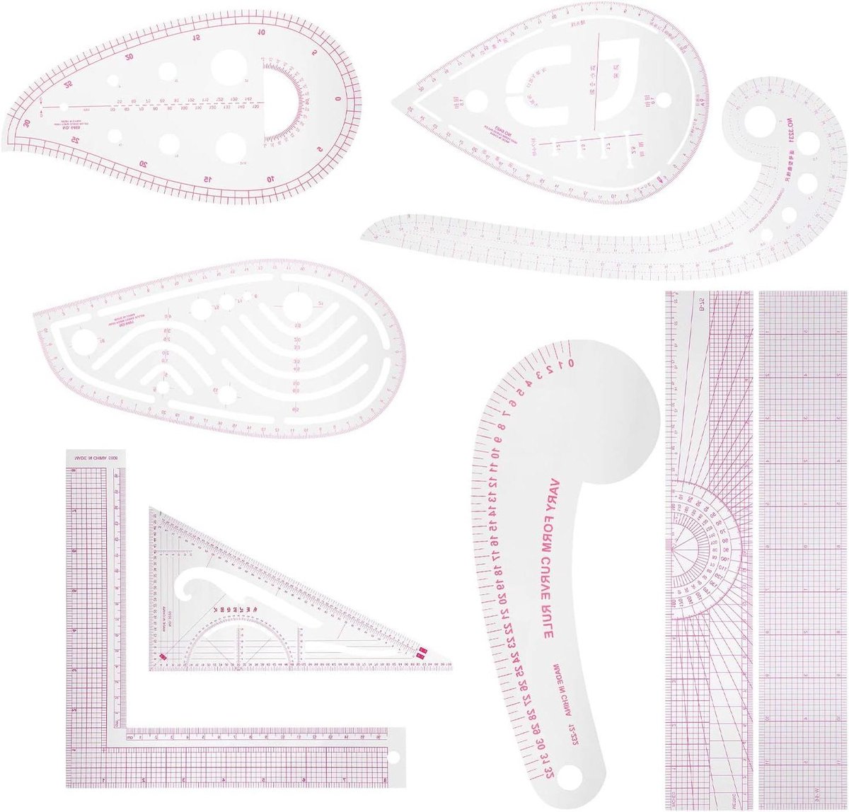 Kleermakers Liniaal Set - Meet Linialen - Kleding Ontwerpen - Hoge Nauwkeurigheid - 9 Delig - Transparant Rood