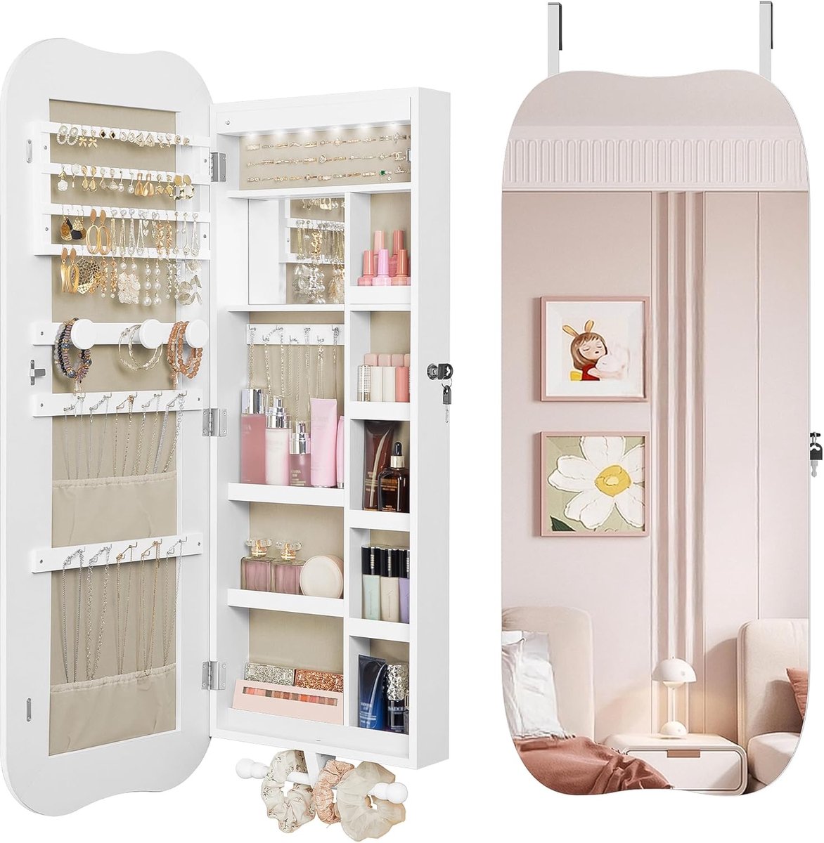 Juwelenskast met spiegel - Wandkast sieraden - Sieraden organiseren - Ingebouwde LED verlichting - 42 x 108 cm - Wit