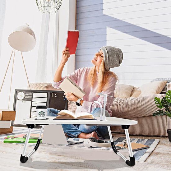 Laptop Table Foldable, Laptop Desk with 4 USB Charging Ports/Drawer/Tablet Holder/Cup Holder, For Bed, Sofa, Floor (60x40cm, White) — afbeelding 5