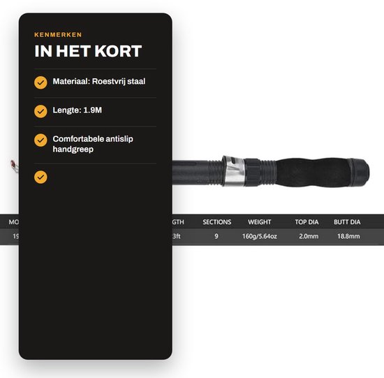 NTH products- Hengel Intrekbaar 1.9M - Roestvrij Staal - Draagbaar - Antislip Handgreep - Voor Zee/Zoutwater en Zoetwater Vissen - Stevig en Duurzaam - Visstok van Nth Products — afbeelding 3