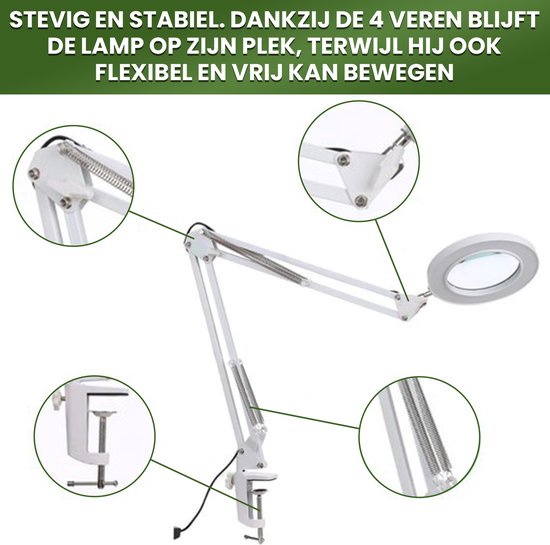 Witte loeplamp met verstelbare arm, tafelklem en veren voor stabiliteit en flexibiliteit.