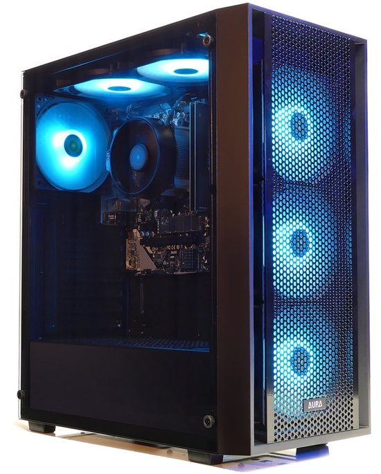 Zwarte pc-behuizing met glazen zijpaneel en blauw verlichte ventilatoren aan de voorkant en bovenkant.