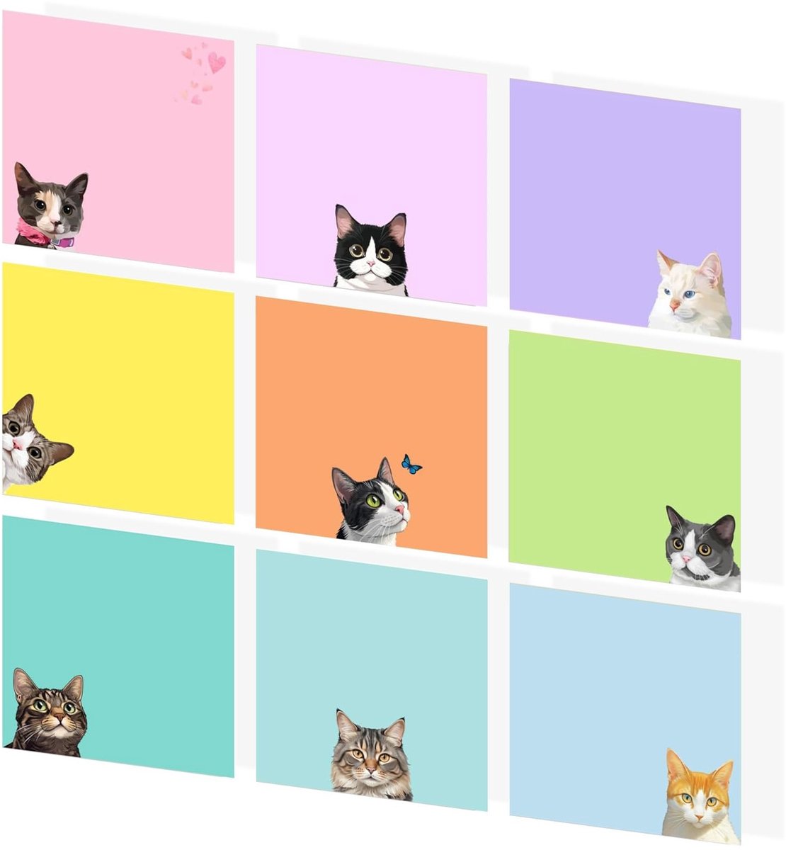 Dailygoods- Memoblaadjes 9 Blokken - Zelfklevende Notitieblaadjes - Schattige Kattenmotieven - Supersterke Hechting - Hoogwaardig Papier - Creatieve Kleurcodering