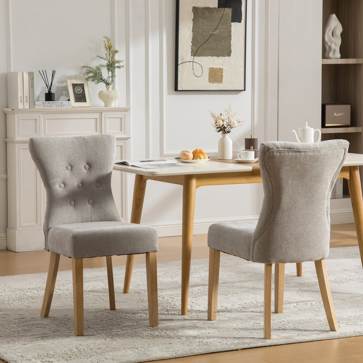 Clruro Eetkamerstoel - 2-delig set - moderne gestoffeerde eetkamerstoel met houten frame en klinknagel decoratie - chenille - hout + chenille - grijs