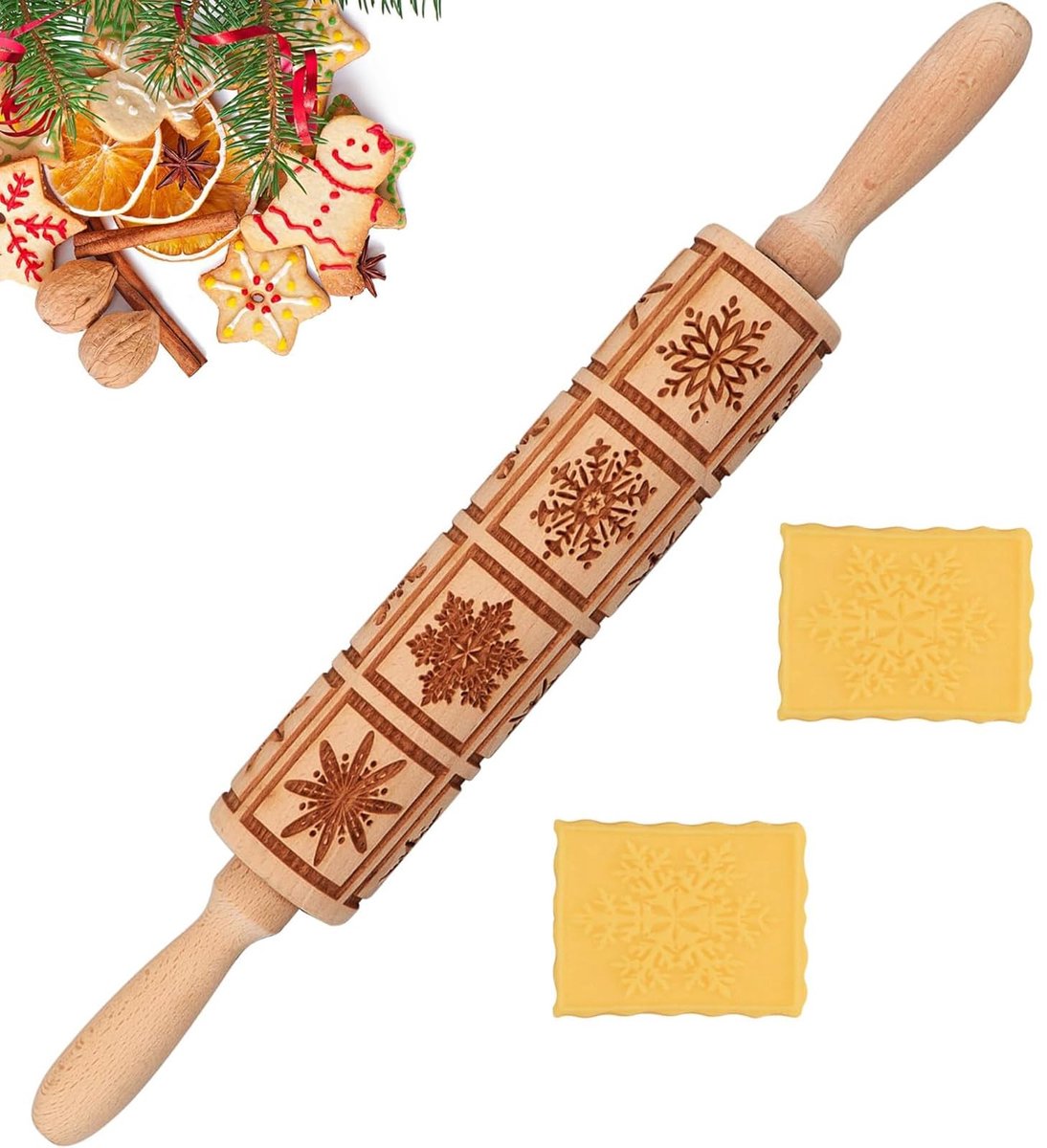 Dailygoods- Deegroller 3D - Houten Deegroller - Kerstmotief - Decoratieve Reliëfroller - 35 x 4,5 cm - Perfect voor Koekjes - Bakroller