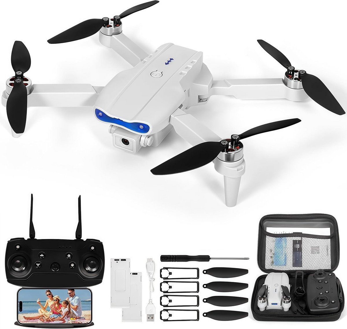 Drone met 1080P-camera voor Volwassenen, Borstelloze Motordrones met Obstakelvermijding, Opvouwbare Minidrone voor Beginners met Propellerbeschermers