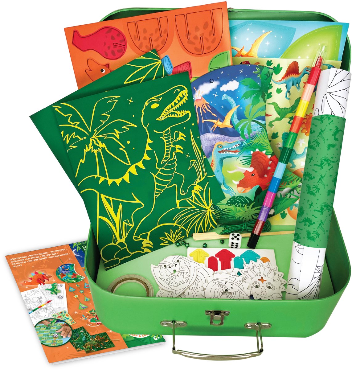 BOX CANDIY Dinosaurus Knutselset Kinderen in Koffer I Kleurset, Scratch Art, Stickers & 3D Figuren I Creatief Reissetje voor Jongens & Meisjes