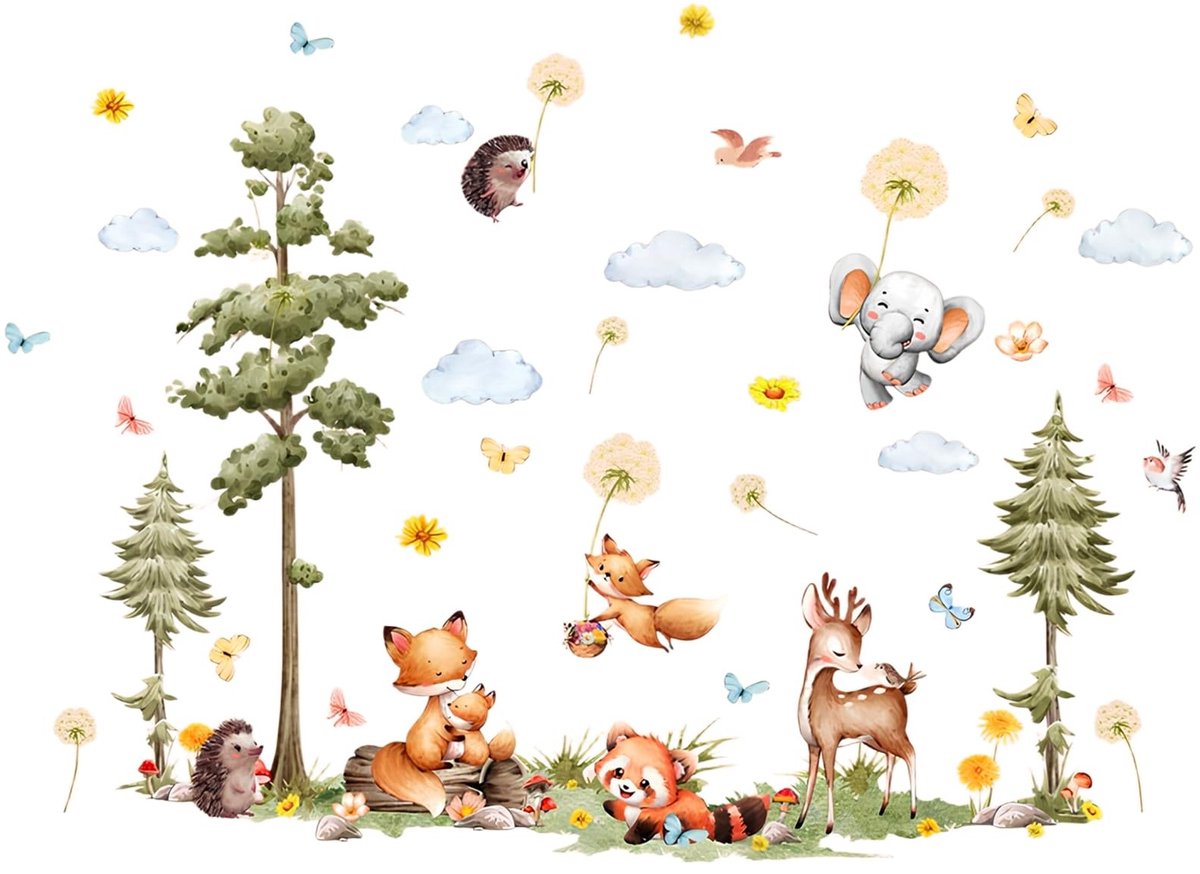 Dailygoods- Muursticker bosdieren - Wanddecoratie kinderkamer - Muurstickers babykamer - Muurstickers decoratie - Veilig PVC materiaal - Schattige boommotieven