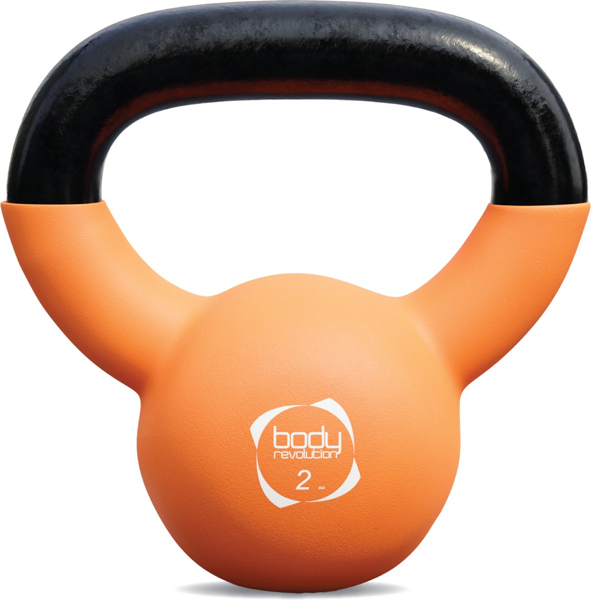 2kg kettlebell oranje met platte basis en handgreep.