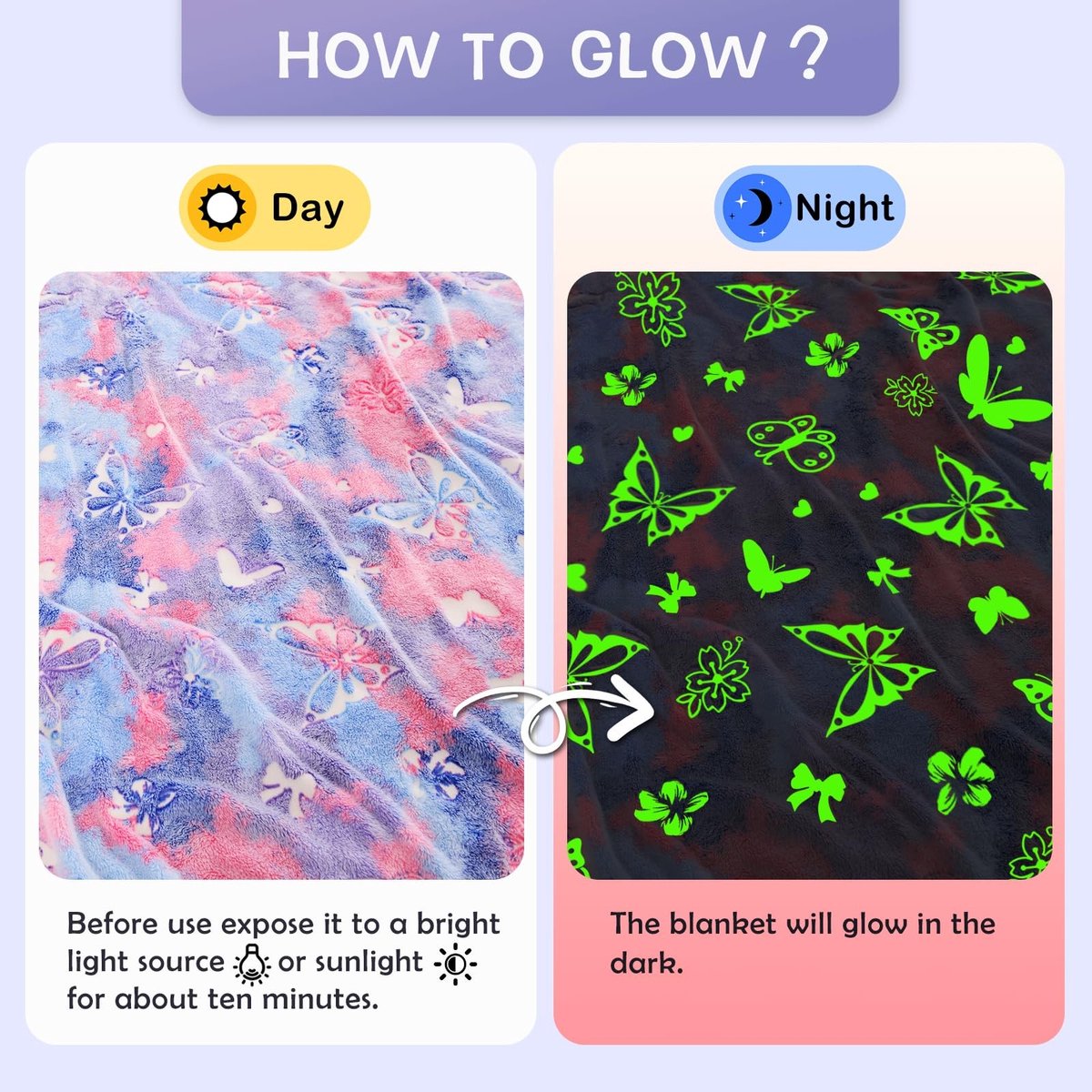 Dailygoods- Fleecedeken Lichtgevend - 127x150 cm - Flanel Fleece - Vlinderpatroon - Paarse Deken - Voor Alle Seizoenen - Zacht en Duurzaam