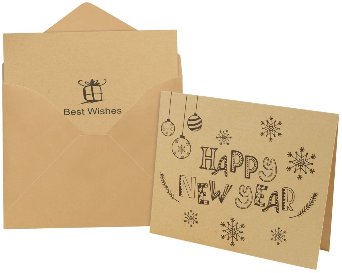 Dailygoods- Wenskaarten Set 36 Stuks - Wenskaarten Gelukkig Nieuwjaar - Enveloppen Kraftpapier - Stickers - Kaartgrootte 20x12 cm - Lege Binnenkant - Nieuwjaarskaarten
