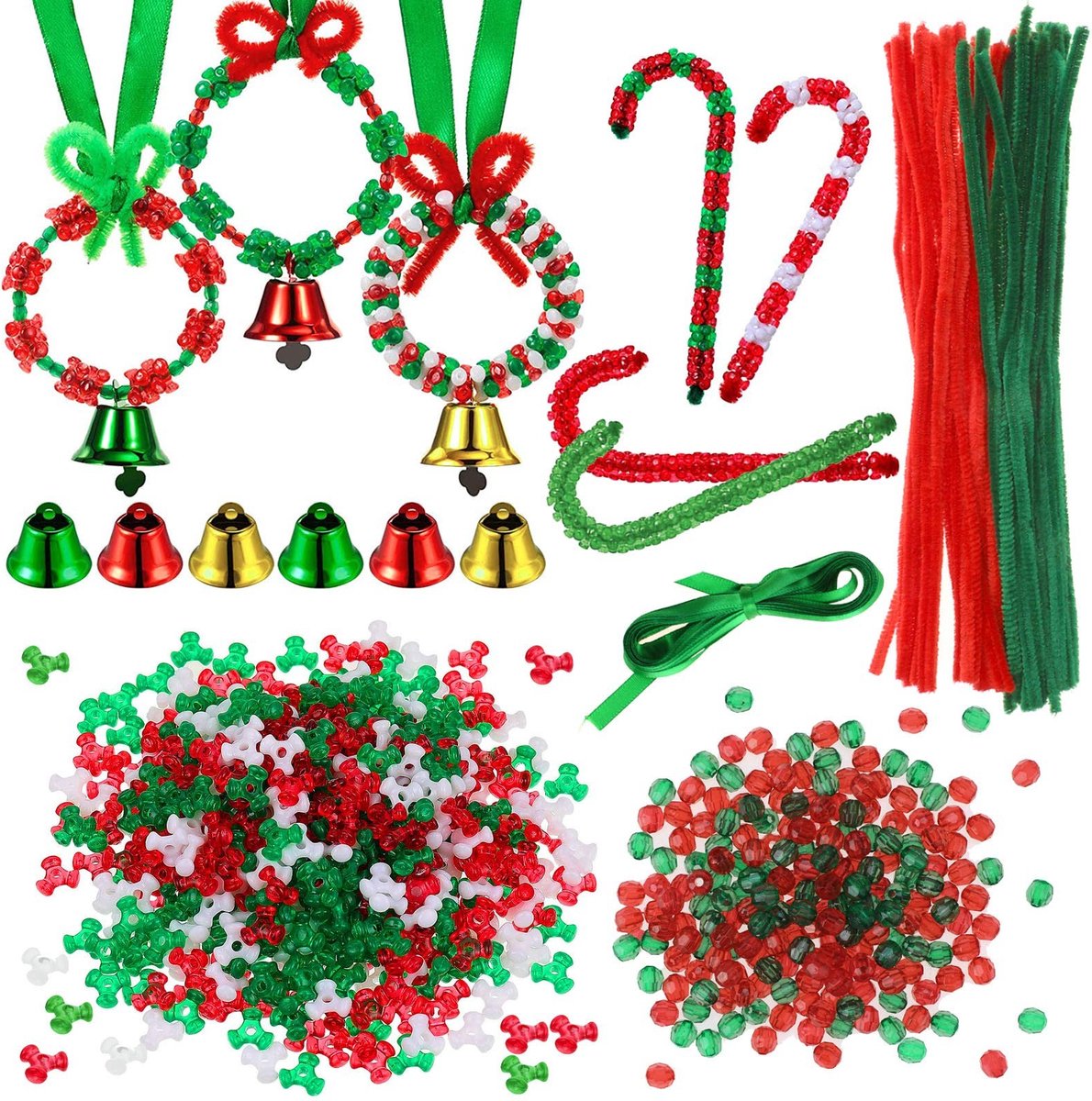 Dailygoods- Kerstkralen 1200 stuks - Chenille Stengels 50 stuks - Groen Lint 5 meter - Belletjes 6 stuks - Knutselmateriaal voor Kinderen - Duurzaam en Lichtgewicht