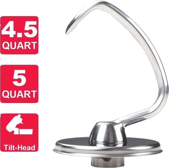 Deeghaak - Mixer Accessoire - Deeg Kneden - Roestvrij Staal - 4.5QT 5QT van Merkloos — afbeelding 3