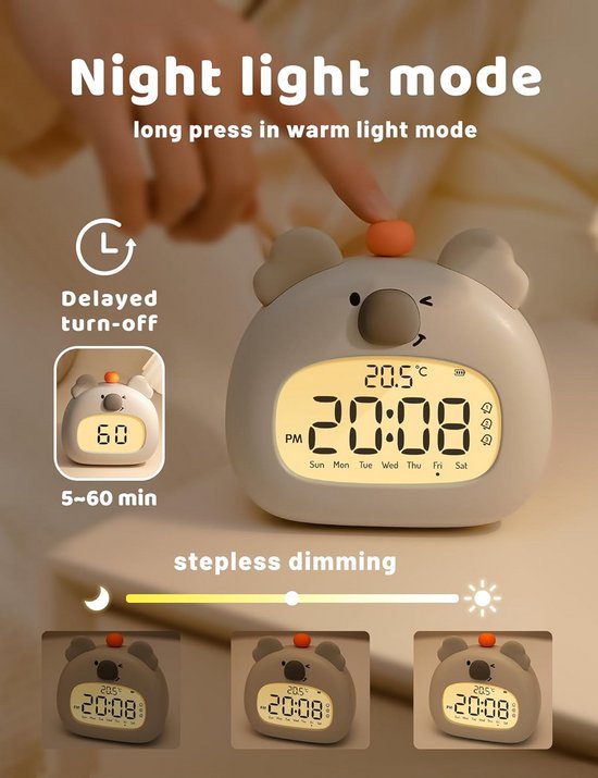 Kinderwekker Nachtlampje - Koala Wekker - Kinderen Leren Slapen - Oplaadbare Batterij - 315 Inch - Wit — afbeelding 5