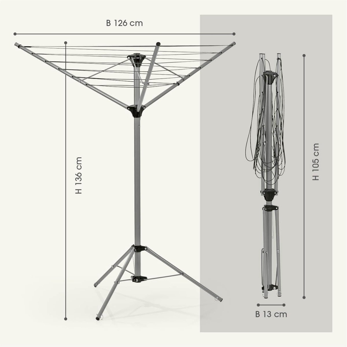 EASYmaxx Droogmolen, inklapbaar droogrek voor binnen en buiten, weerbestendig en licht, 4 niveaus in hoogte verstelbaar, ca. 14cm x 11cm x 131cm [aluminium] thumbnail 6