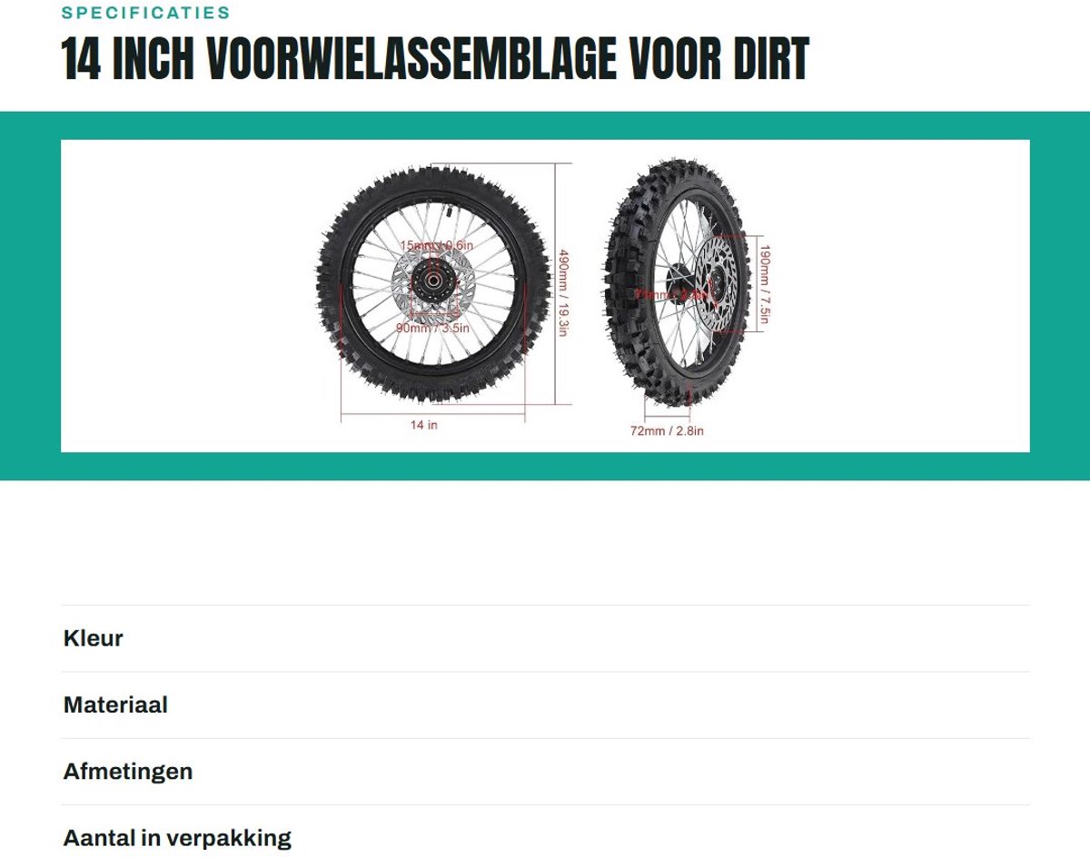 Dailygoods- Voorwielassemblage 14 Inch - Premium Rubber Banden - Binnenbuis - Compatibel met Dirt Bikes - 15mm As - Uitstekende Tractie - Dirtbikewiel