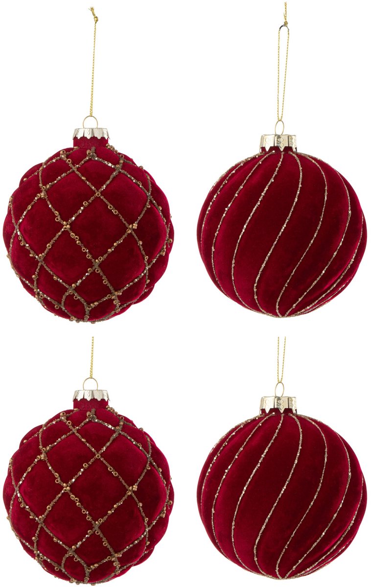 J-Line kerstbal Lijnen/Geruit - fluweel - rood/goud - doos van 4