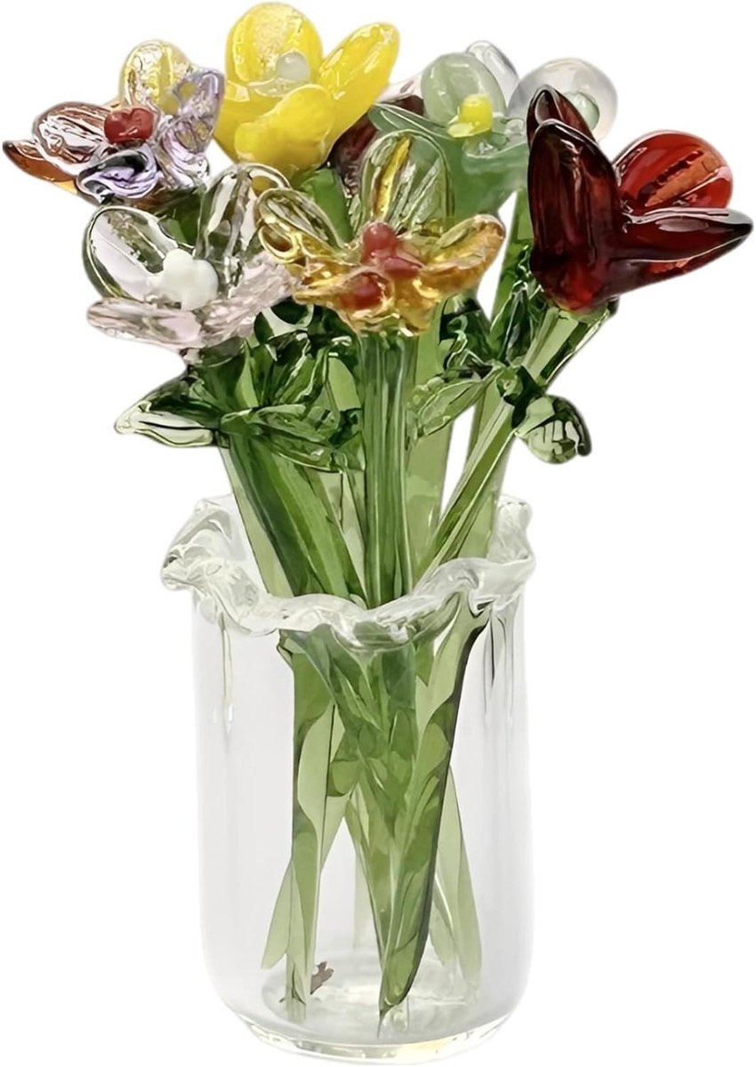 Mini glazen boeket - Glazen bloemen - Woondecoratie - Handgeblazen kunstwerk - 10 stuks - Meerkleurig